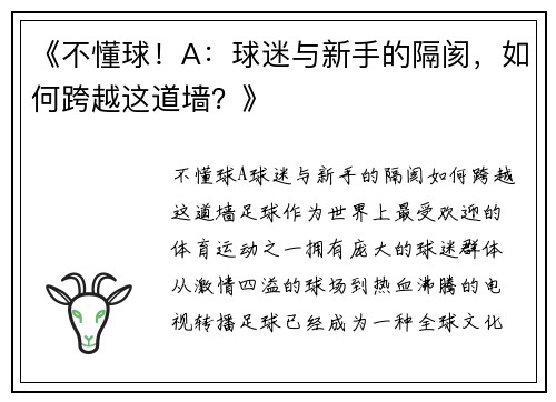 《不懂球！A：球迷与新手的隔阂，如何跨越这道墙？》