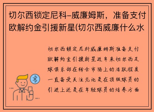 切尔西锁定尼科-威廉姆斯，准备支付欧解约金引援新星(切尔西威廉什么水平)
