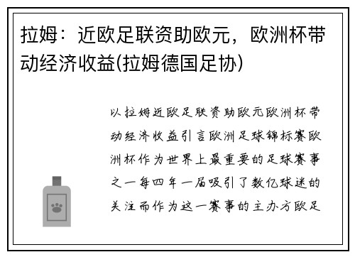 拉姆：近欧足联资助欧元，欧洲杯带动经济收益(拉姆德国足协)