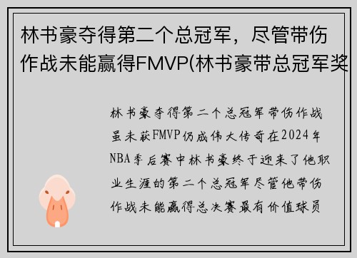 林书豪夺得第二个总冠军，尽管带伤作战未能赢得FMVP(林书豪带总冠军奖杯来中国)
