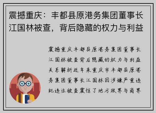 震撼重庆：丰都县原港务集团董事长江国林被查，背后隐藏的权力与利益关系解析