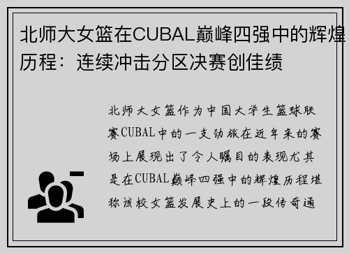 北师大女篮在CUBAL巅峰四强中的辉煌历程：连续冲击分区决赛创佳绩