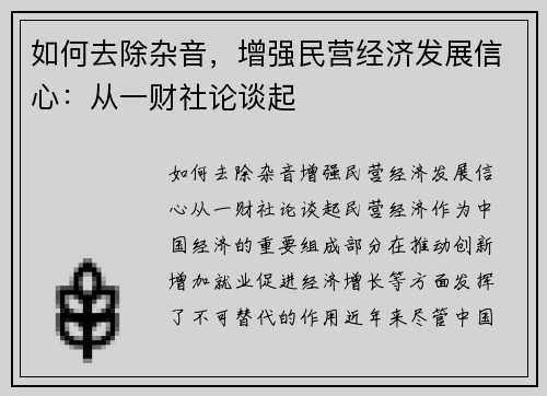 如何去除杂音，增强民营经济发展信心：从一财社论谈起