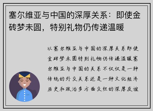 塞尔维亚与中国的深厚关系：即使金砖梦未圆，特别礼物仍传递温暖
