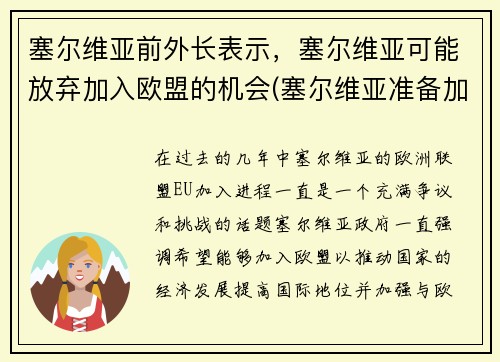 塞尔维亚前外长表示，塞尔维亚可能放弃加入欧盟的机会(塞尔维亚准备加入欧盟)