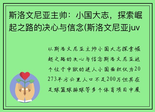 斯洛文尼亚主帅：小国大志，探索崛起之路的决心与信念(斯洛文尼亚juvan)