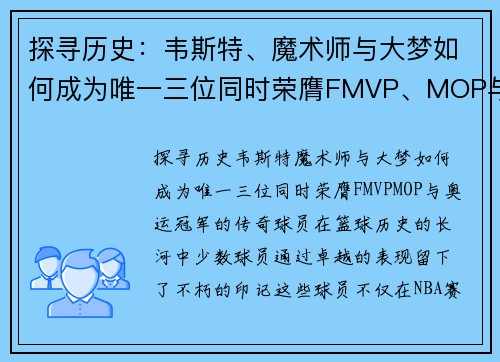 探寻历史：韦斯特、魔术师与大梦如何成为唯一三位同时荣膺FMVP、MOP与奥运冠军的传奇球员