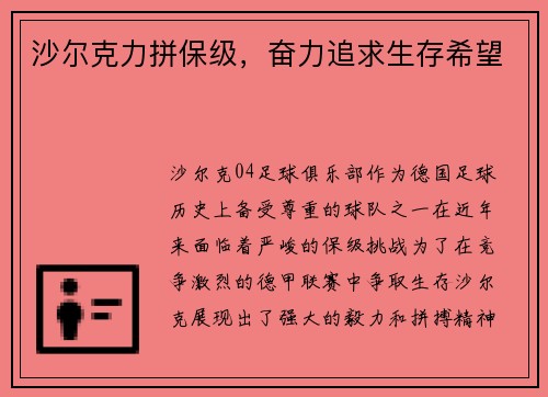 沙尔克力拼保级，奋力追求生存希望